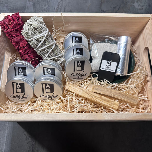 RäucherstarterBox – Premium Räucherset in Holzbox | 5×30 ml Räuchermischungen, Weihrauch, Myrrhe, Palo Santo & Salbei