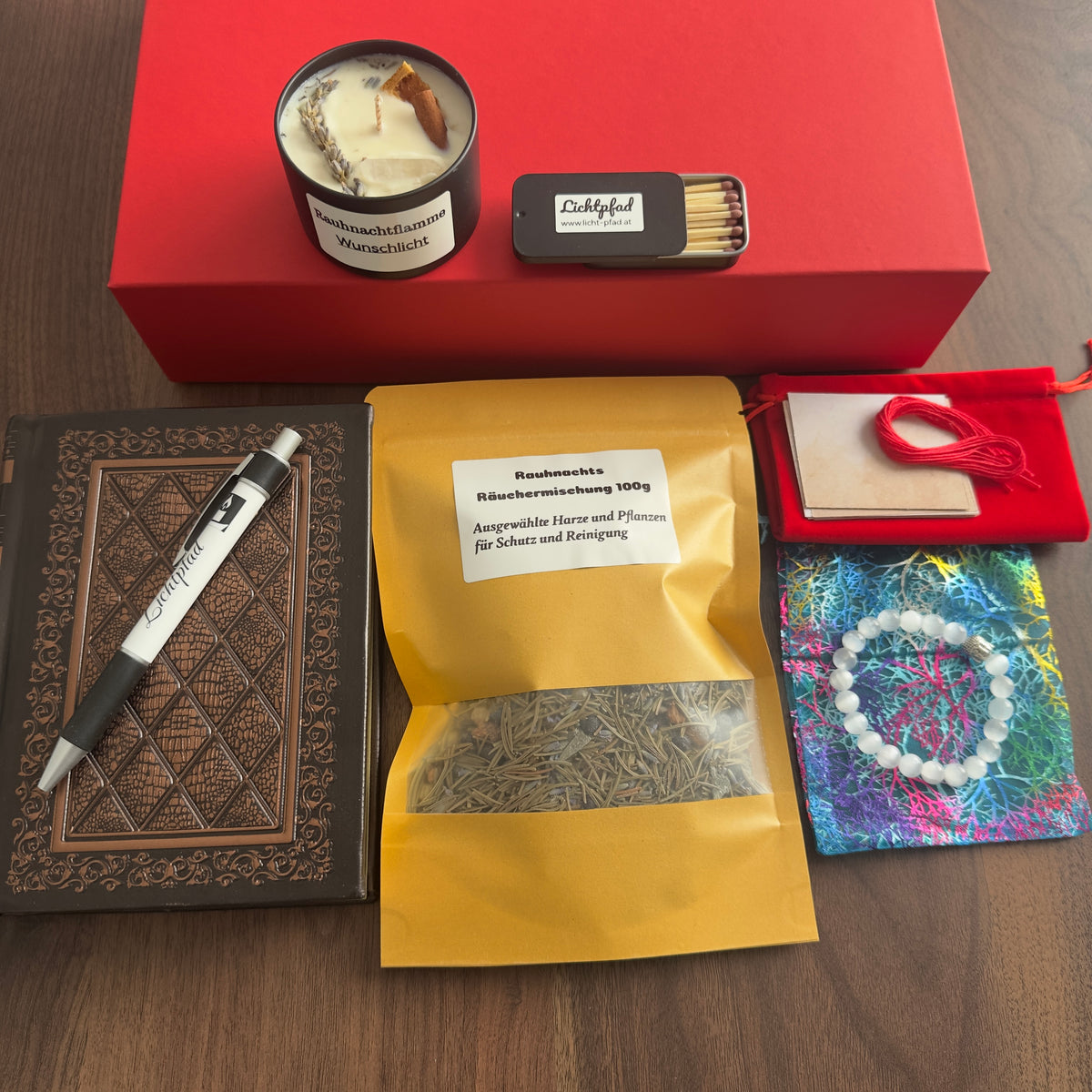 Rauhnachts 13 Wünsche Ritualbox – Traumtagebuch, Räuchermischung, Selenit, Ritualkerze, Streichhölzer & Wunschset