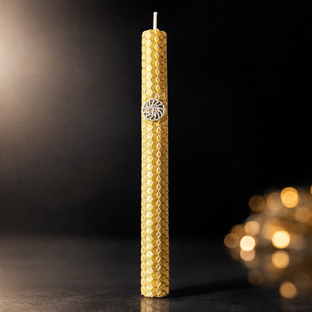 Litha Manifestationskerze Gold – Reines Bienenwachs, Sonnensymbol & Kräuterenergie