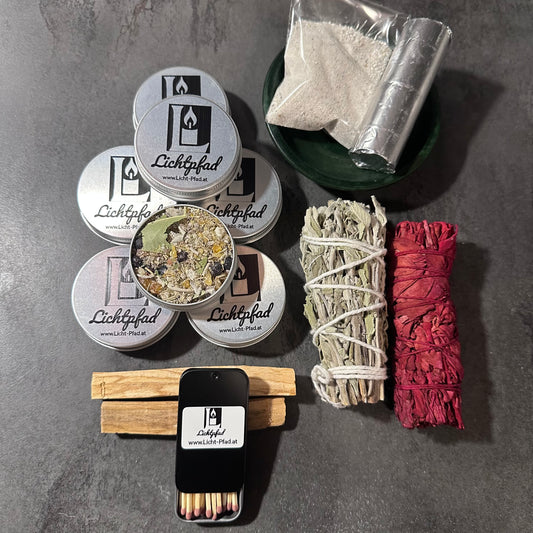 RäucherstarterBox – Premium Räucherset in Holzbox | 5×30 ml Räuchermischungen, Weihrauch, Myrrhe, Palo Santo & Salbei