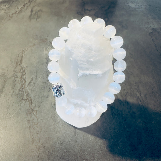 Selenit 8 mm Kugelarmband mit Buddaperle – Reinigung, Klarheit & Schutz | Energetischer Schmuck